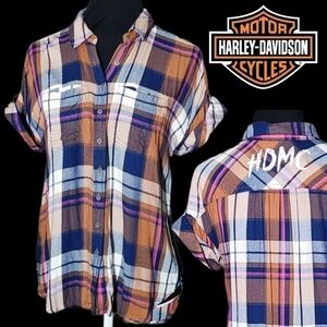Harley Davidson plaid rockabilly pinup lightweight rayon button down blouse